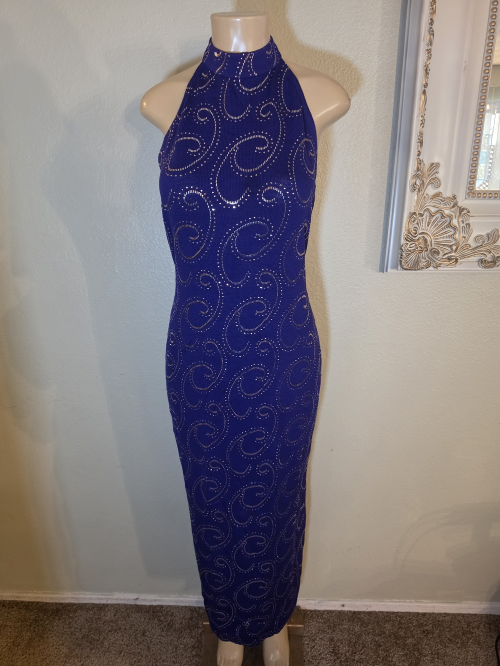 st john evening womens 8 royal blue gold rhinestone knit halter gown dress